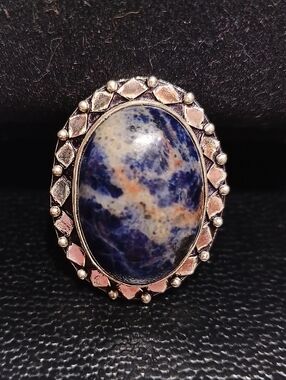 Natural Blue and Cream Sodalite BOHO Silver Statement Ring Sz 8